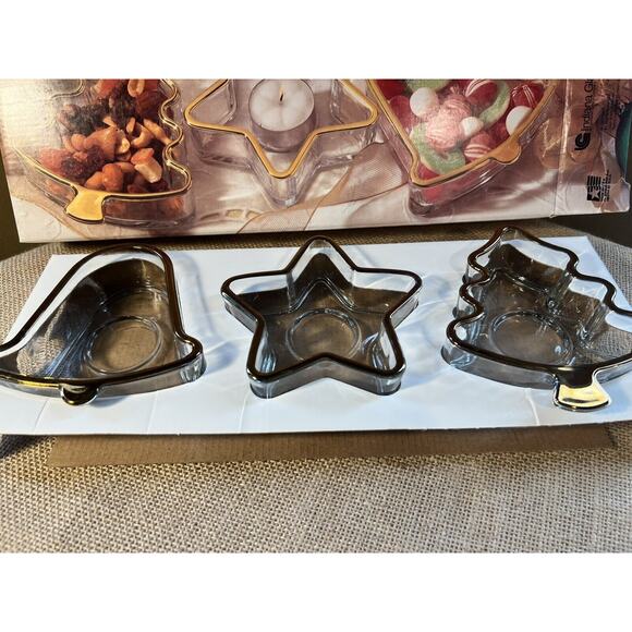 Indiana Glass Holiday Gold Candy Candle Dish w/ Gold Trim -Set of 3-Vintage - Picture 10 of 12